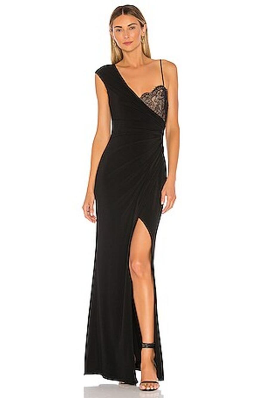 BCBGMaxAzria One-Shoulder Lace-Bust Gown